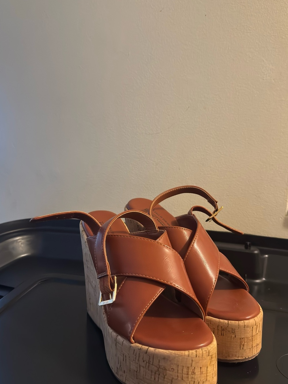 Call It Spring Brown Leather Cork Wedge Sandals